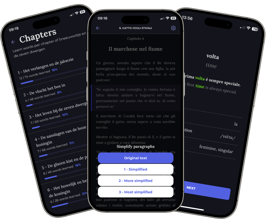 LanguageLeveler app: read, simplify and learn vocabulary on three screens
