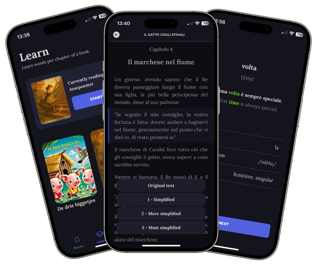 LanguageLeveler app functionality shown on three phones